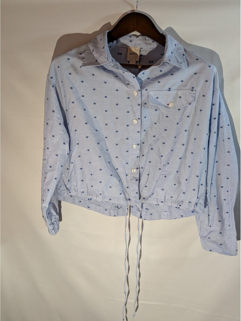 Maeve Light Blue Polka Dot Button-Up Shirt with Drawstring Waist - Size S